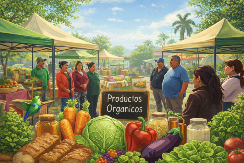 Ilustración de un mercadito orgánico al aire libre con productores y visitantes reunidos bajo carpas, rodeados de frutas, verduras y productos artesanales.