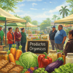 Ilustración de un mercadito orgánico al aire libre con productores y visitantes reunidos bajo carpas, rodeados de frutas, verduras y productos artesanales.