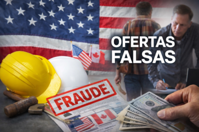 Imagen ilustrativa sobre fraudes en ofertas de empleo en Estados Unidos y Canadá, con dinero, documentos y señal de alerta de fraude.