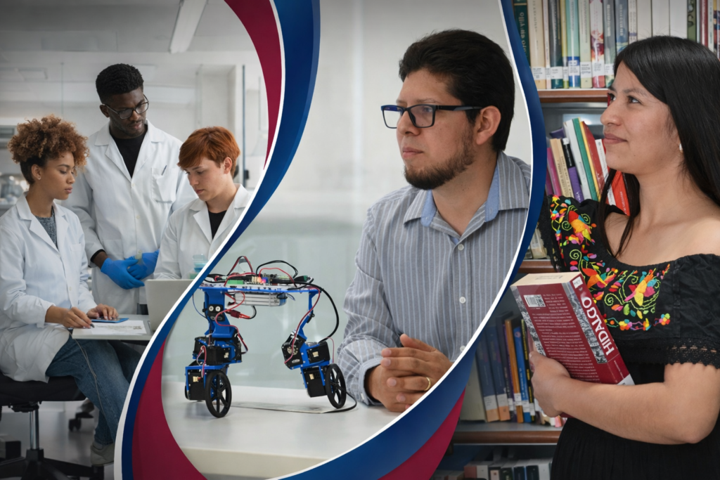 Collage que muestra a estudiantes en laboratorio, desarrollo tecnológico y consulta académica, en el marco de los Programas del Pueblo y las becas impulsadas por Citnova para fortalecer la formación científica en Hidalgo.