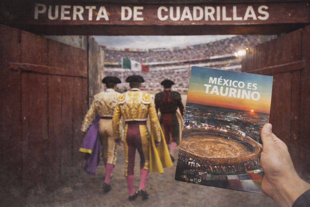 Vista desde la puerta de cuadrillas de una plaza de toros, donde toreros ingresan al ruedo mientras una persona sostiene el libro “México es Taurino” en primer plano.