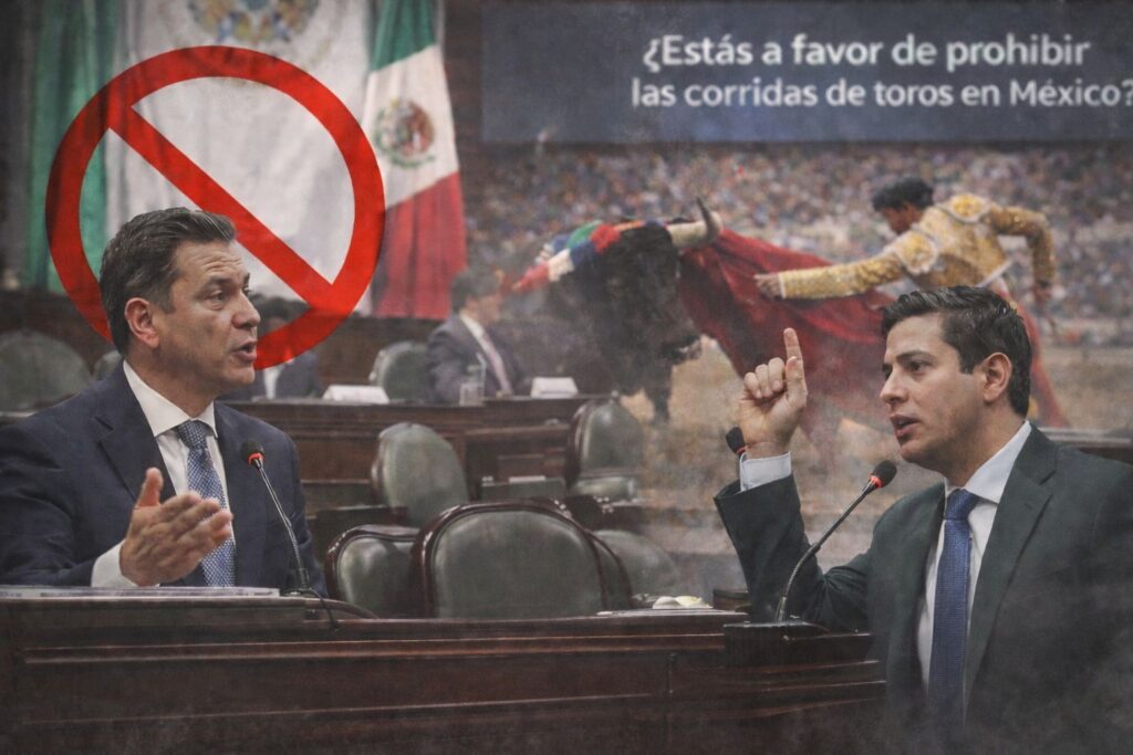 Diputados debaten en el Congreso sobre la prohibición de las corridas de toros, con imágenes alusivas a la tauromaquia y un símbolo de restricción de fondo.