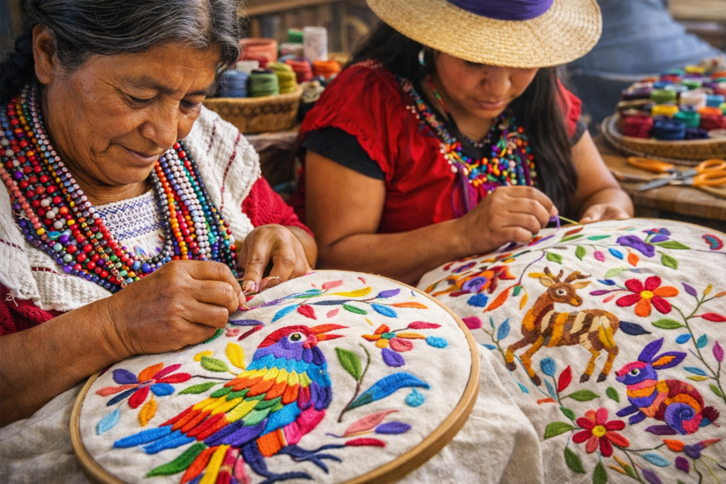 Artesanas de Tenango de Doria elaboran bordados tradicionales Tenango con figuras de animales y flores sobre manta.