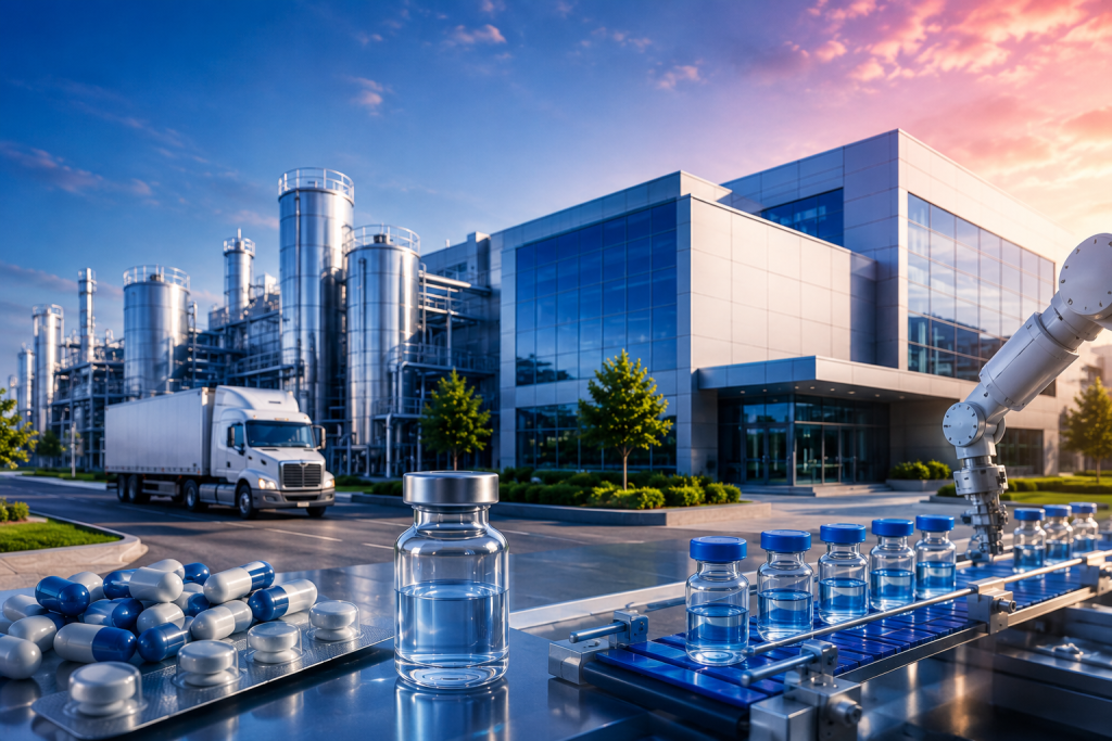 Complejo farmacéutico industrial con líneas automatizadas de producción, frascos medicinales, cápsulas y un tráiler de carga frente a modernas instalaciones tecnológicas, en representación de la inversión farmacéutica en Hidalgo.