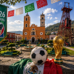 Ilustración de Real del Monte con temática del Mundial 2026, donde aparecen un balón de fútbol, una copa alusiva al torneo, banderines mexicanos y sitios emblemáticos del Pueblo Mágico, como la plaza principal y estructuras mineras.