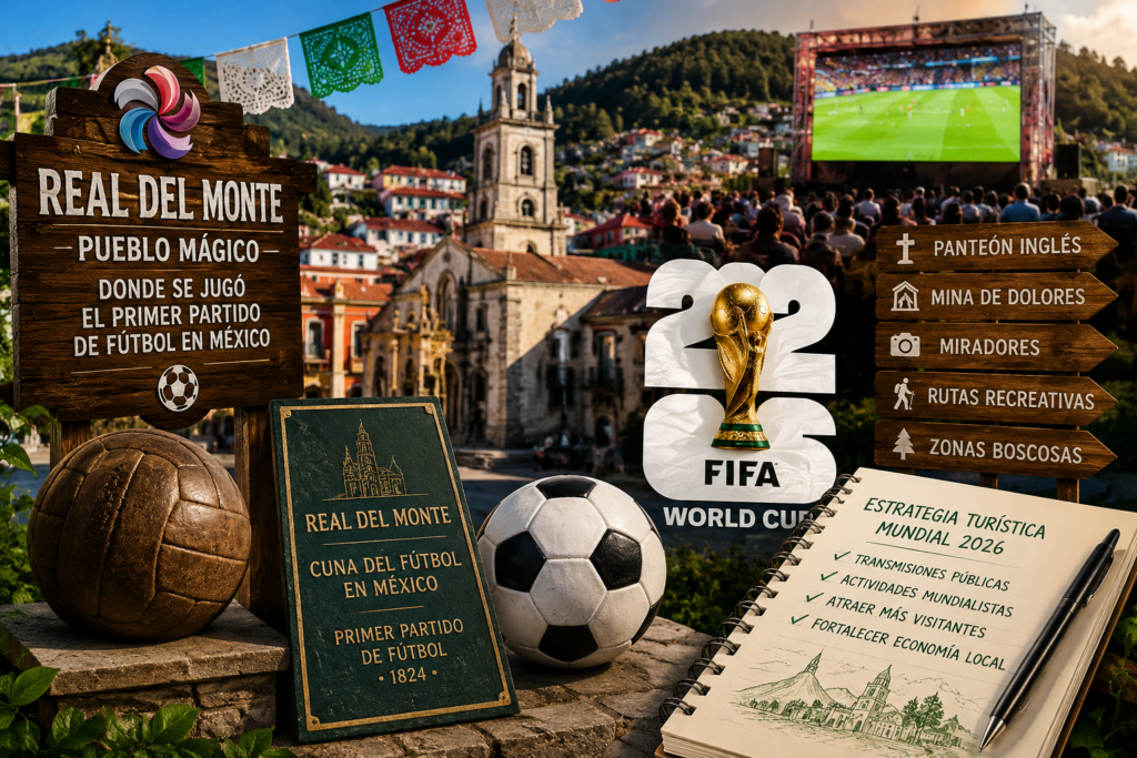 Ilustración de Real del Monte rumbo al Mundial 2026, con elementos relacionados con el fútbol, pantallas de transmisiones públicas, señalética turística y referencias históricas al primer partido de fútbol en México.