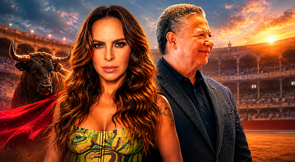 Imagen editorial inspirada en el debate sobre las corridas de toros en Hidalgo, donde aparecen la actriz y activista Kate del Castillo y el gobernador Julio Menchaca frente a una plaza de toros, junto a la figura de un toro en un ambiente dramático y cinematográfico.