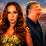 Imagen editorial inspirada en el debate sobre las corridas de toros en Hidalgo, donde aparecen la actriz y activista Kate del Castillo y el gobernador Julio Menchaca frente a una plaza de toros, junto a la figura de un toro en un ambiente dramático y cinematográfico.
