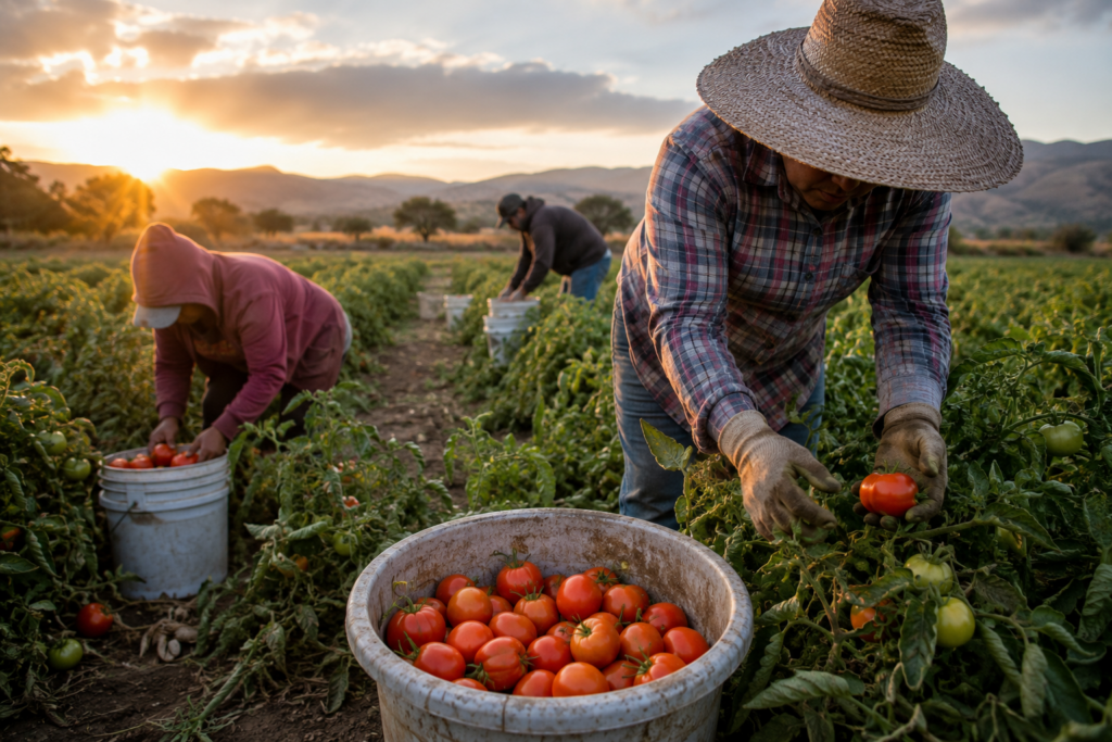 Productores agrícolas recolectan jitomate en un campo durante la temporada de cosecha al atardecer.