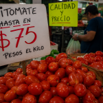 Puesto de jitomates en mercado con anuncio de precio de hasta 75 pesos por kilo, en medio de variaciones en el costo de productos agrícolas.