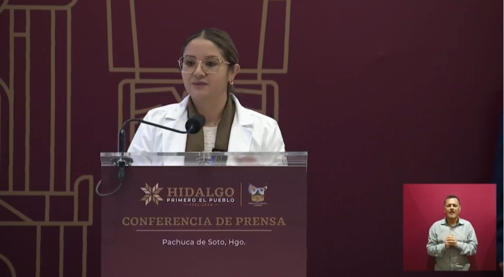Vanesa Escalante Arroyo, titular de la Secretaría de Salud de Hidalgo, durante una conferencia de prensa del Gobierno estatal en Pachuca de Soto.