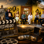 Collage promocional sobre la industria audiovisual en Hidalgo, con imágenes de paisajes, haciendas, cámaras de cine y participantes del foro “Luces, Cámara, ¡Hidalgo!: Locaciones Hidalgo”, realizado en Zempoala.