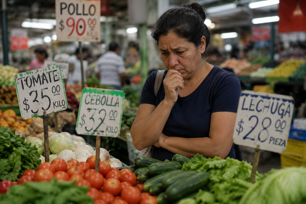 Mujer observa con preocupación los precios de productos básicos en un mercado, reflejando las dificultades económicas que enfrentan muchas familias para cubrir sus necesidades alimentarias.