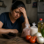 Mujer observa con preocupación una mesa con alimentos básicos y una cartera vacía, en una imagen que representa las dificultades económicas y la pobreza laboral en Hidalgo.
