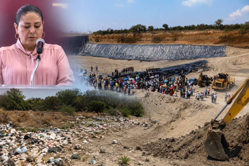 Montaje fotográfico que muestra a la secretaria de Medio Ambiente y Recursos Naturales de Hidalgo, Mónica Mixtega Trejo, durante una conferencia de prensa, acompañado por imágenes del relleno sanitario de Tula y de un tiradero a cielo abierto, en alusión al debate sobre la gestión de residuos sólidos en la región.