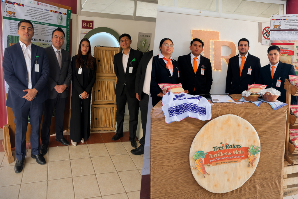 Estudiantes de la Universidad Politécnica de Tulancingo presentan los proyectos "Ecolocks" y "Tres Raíces" durante la XX Expo Regional Emprendedora Zona V de la ANFECA, donde obtuvieron reconocimientos y su pase a la etapa nacional.