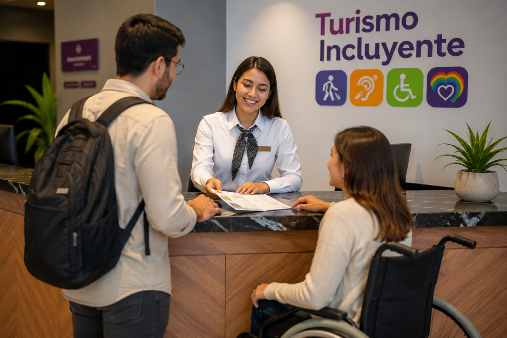 Recepcionista de un establecimiento turístico atiende a dos visitantes, una de ellas usuaria de silla de ruedas, en un espacio accesible que representa la atención incluyente y el respeto a la diversidad dentro del sector turístico.