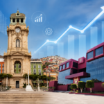 Composición gráfica del Reloj Monumental de Pachuca y un edificio moderno representando desarrollo económico, innovación y crecimiento urbano, acompañada de gráficos ascendentes e íconos relacionados con competitividad, tecnología, inversión y talento.
