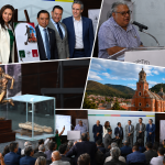 Collage fotográfico de la presentación del proyecto para preservar la memoria histórica del futbol en Real del Monte, donde autoridades, legisladores y promotores culturales dieron a conocer la iniciativa, la maqueta de una escultura conmemorativa y acciones para fortalecer el legado del balompié en Hidalgo.