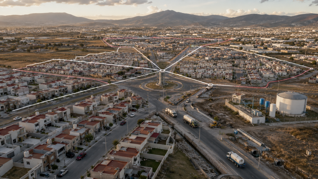 Vista aérea de fraccionamientos de la zona metropolitana de Pachuca conectados mediante vialidades y líneas que representan coordinación municipal.