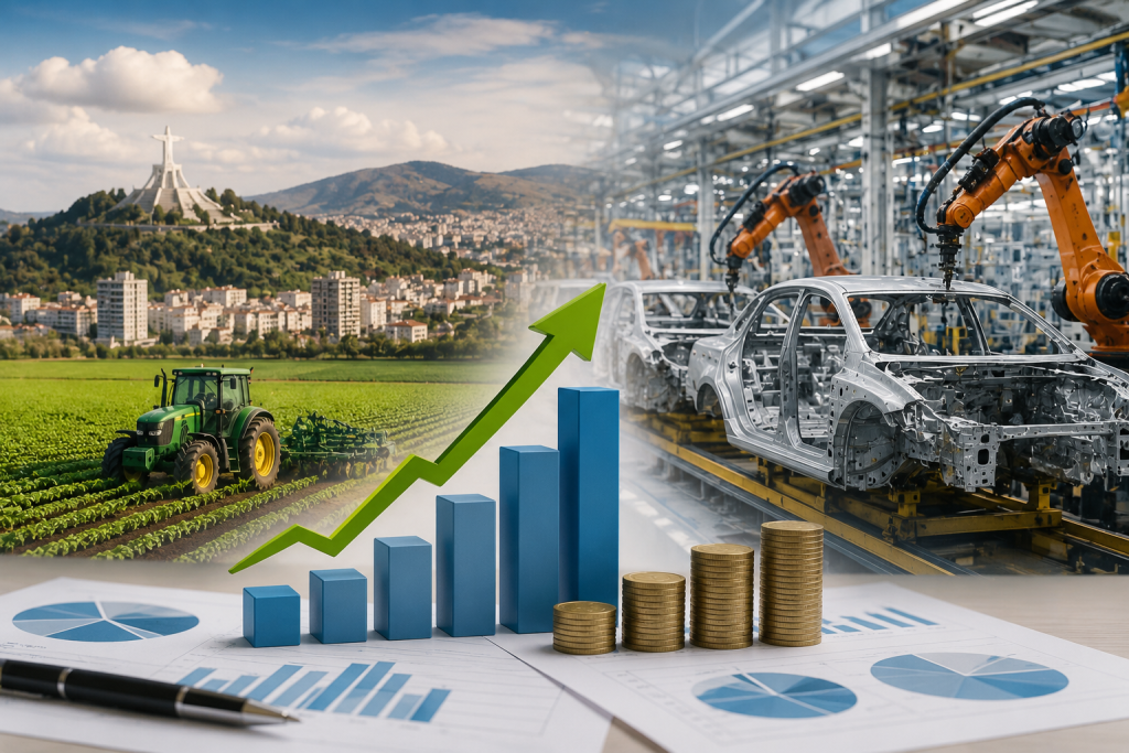 Ilustración conceptual sobre el crecimiento económico de Hidalgo que integra un complejo industrial con línea de producción automotriz, actividades agrícolas, gráficas de crecimiento y monedas, representando el impulso de los sectores productivo, industrial y agropecuario durante el primer trimestre de 2026.