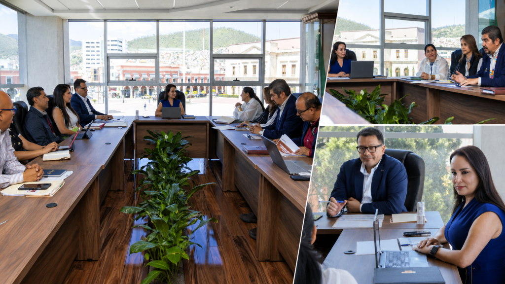 Elizabeth Quintanar Gómez y funcionarios de Turismo presentan proyectos de infraestructura durante una reunión en la Secretaría de Hacienda de Hidalgo.