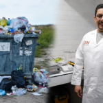 Collage de un contenedor desbordado de residuos y un investigador de la UAEH en un laboratorio.