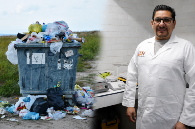 Collage de un contenedor desbordado de residuos y un investigador de la UAEH en un laboratorio.