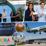 Collage con imágenes de la inauguración de la nueva ruta aérea de Mexicana de Aviación entre el AIFA y Sonora, donde participan autoridades turísticas y aeroportuarias durante el corte de listón, la presentación de boletos de abordaje y actividades protocolarias que fortalecen la conectividad aérea y la promoción turística de Hidalgo.