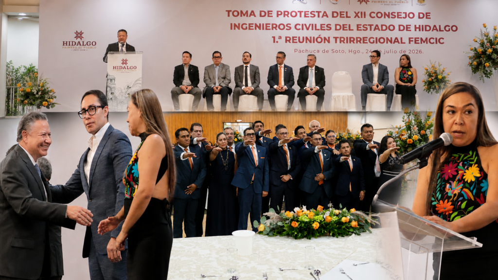 Collage de la toma de protesta del XII Comité Directivo del Colegio de Ingenieros Civiles del Estado de Hidalgo, encabezada por el gobernador Julio Menchaca.