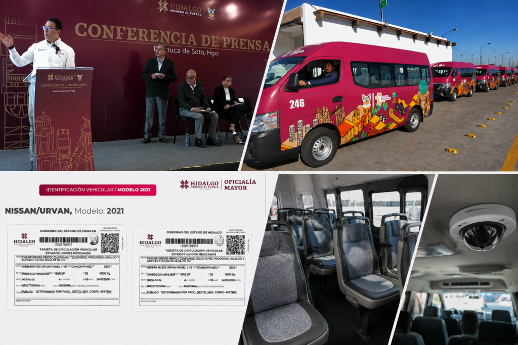 Collage con imágenes de la conferencia de prensa del Gobierno de Hidalgo sobre la modernización del Sistema Integrado de Transporte Masivo de Hidalgo (Sitmah), donde se muestran las nuevas vagonetas alimentadoras modelo 2026, la presentación de las tarjetas de circulación, el interior de las unidades con asientos individuales y cámaras de videovigilancia, así como una fila de vehículos que ya operan en las rutas alimentadoras.
