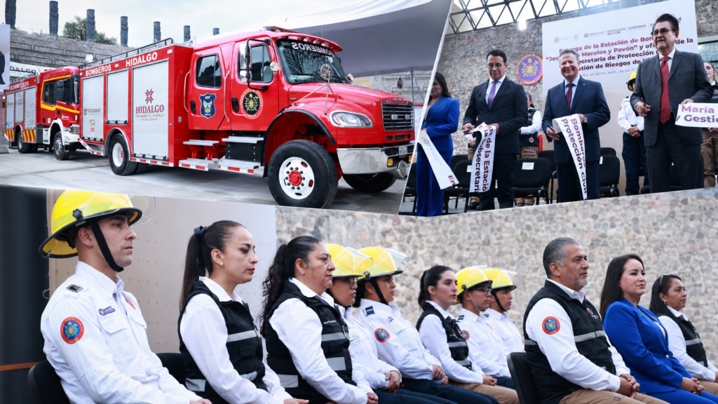 Collage de camiones del Heroico Cuerpo de Bomberos de Hidalgo, personal de emergencias y autoridades durante la entrega de la nueva estación en Pachuca.