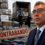 Ilustración sobre el impacto del contrabando en la industria textil, con pacas de ropa, un contenedor de mercancía, prendas de bajo costo y el presidente de la Canaive Hidalgo, Guillermo Pera Rodríguez.