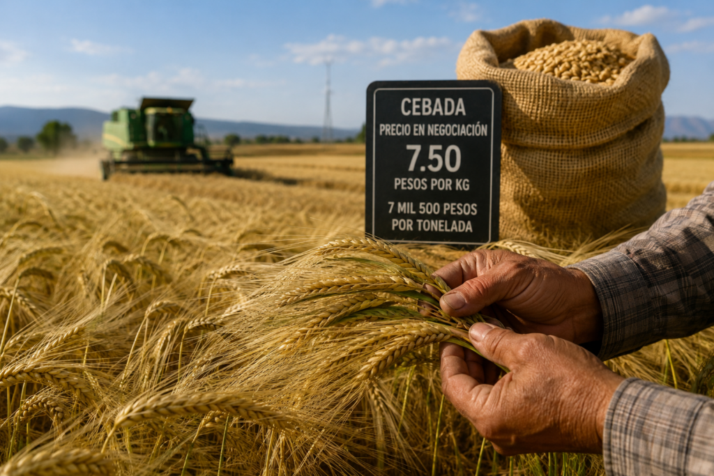 Manos de un productor sostienen granos de cebada frente a un cultivo y una planta cervecera, en una composición que representa la cadena productiva de este grano en Hidalgo.