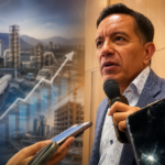 Carlos Henkel Escorza, titular de la Sedeco Hidalgo, durante una entrevista, acompañado por imágenes de infraestructura industrial y una gráfica ascendente.