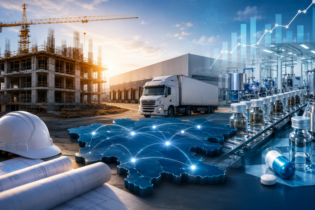 Ilustración conceptual que representa el crecimiento de la inversión en Hidalgo mediante la integración de proyectos de construcción, logística y la industria farmacéutica, con un mapa del estado como eje de desarrollo económico regional.