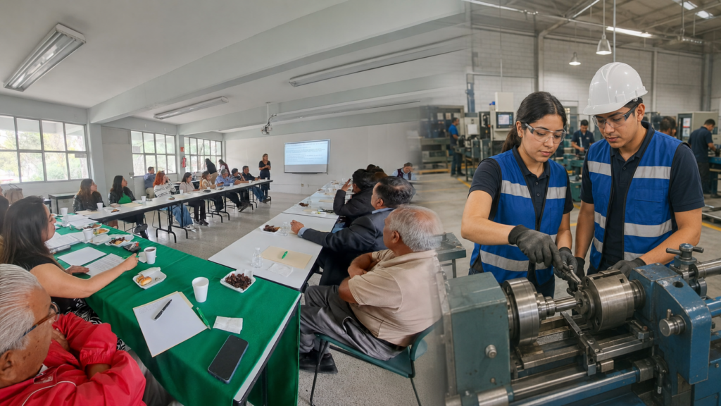 Representantes del sector productivo participan en una reunión del Conalep Tizayuca, junto a dos estudiantes que realizan prácticas con maquinaria industrial.