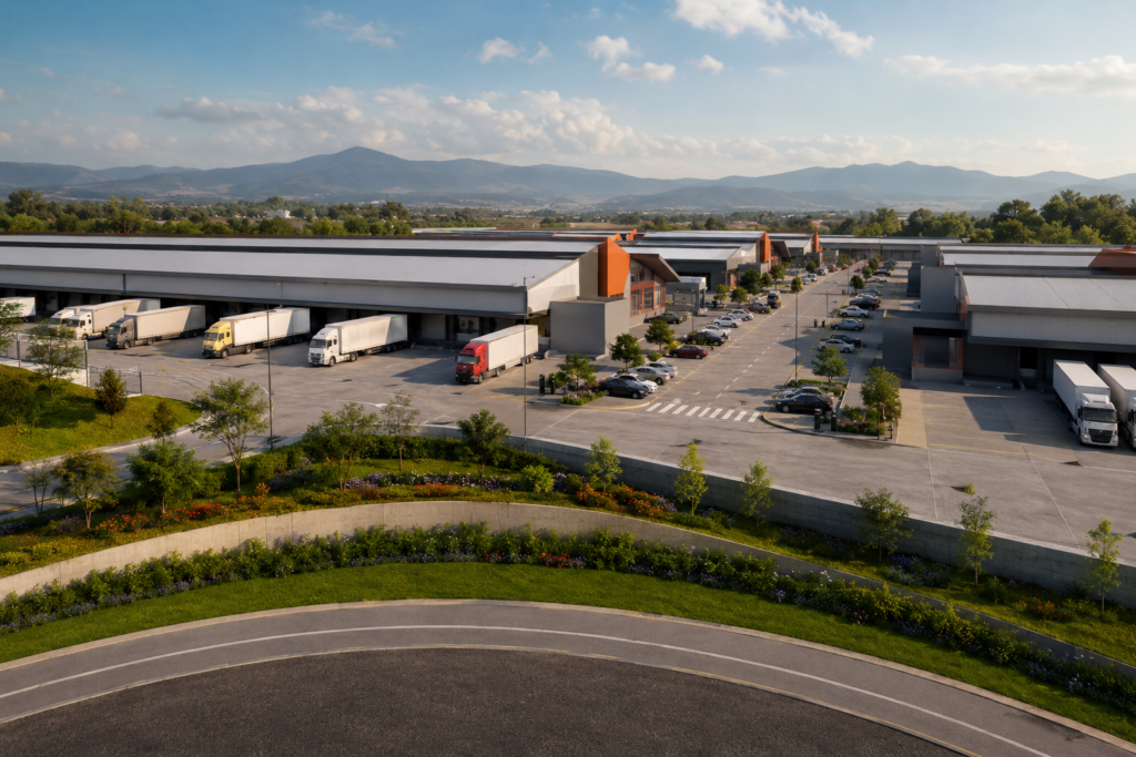 Render arquitectónico de la nueva Central de Abastos Miguel Hidalgo en Zapotlán de Juárez, con naves industriales, patios de maniobra, andenes de carga y vialidades internas que ilustran el proyecto logístico previsto para Hidalgo.