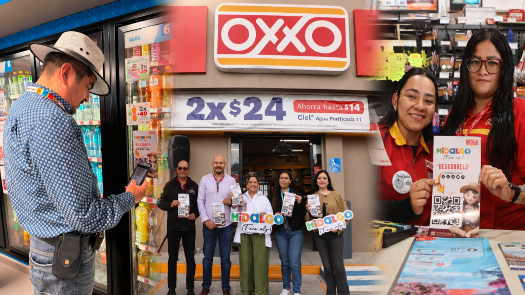 Visitante escanea un código QR turístico en una tienda OXXO, acompañado de personal y representantes de la estrategia Hidalgo en OXXO.
