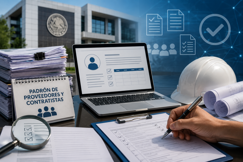 Imagen ilustrativa de documentos de contratación, planos, casco de seguridad y computadora portátil que representan la revisión y modernización del padrón de proveedores y contratistas del Gobierno de Hidalgo, como parte de las acciones de transparencia en la obra pública.