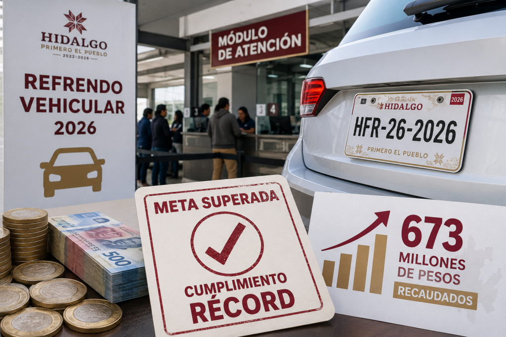 Ilustración conceptual de un automóvil con placas de Hidalgo, un módulo de atención para el refrendo vehicular y elementos gráficos que representan el cumplimiento récord de la meta de recaudación por este trámite en el estado.