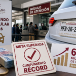 Ilustración conceptual de un automóvil con placas de Hidalgo, un módulo de atención para el refrendo vehicular y elementos gráficos que representan el cumplimiento récord de la meta de recaudación por este trámite en el estado.