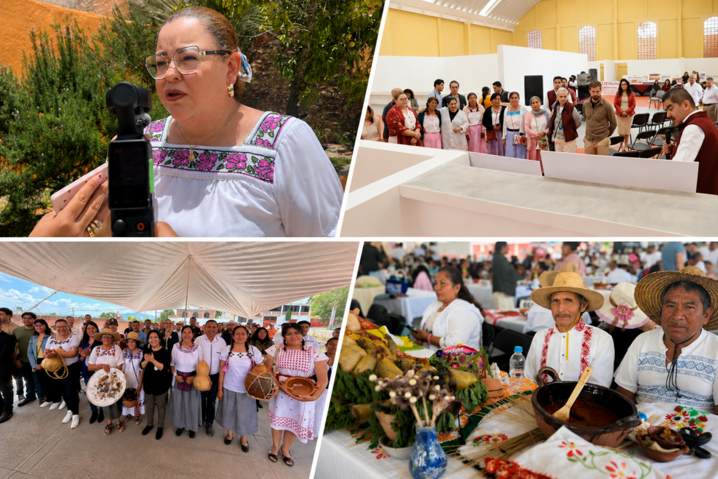 Collage con la presidenta municipal de Santiago de Anaya, Danay Saraí Ángeles Hernández, cocineras tradicionales, asistentes a la Muestra Gastronómica y el interior del nuevo Centro Gastronómico, cuya apertura se prevé en las próximas semanas.