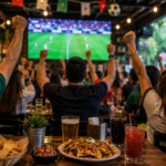 Clientes celebran una jugada durante la transmisión de un partido de futbol en un restaurante, en un ambiente de convivencia y consumo de alimentos y bebidas.