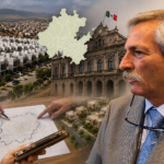 Ilustración editorial que muestra al presidente del Consejo Coordinador Empresarial de Hidalgo (CCEH), Jorge González Corona, junto a elementos gráficos alusivos al crecimiento urbano, fraccionamientos, planeación territorial y la propuesta de crear el municipio 85 en Hidalgo.