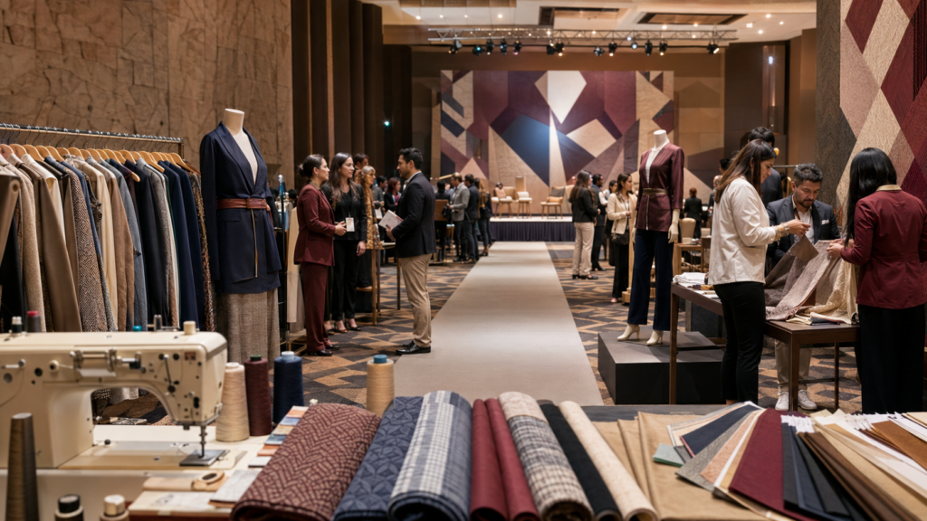 Empresarios, diseñadores y representantes de la industria del vestido participan en un encuentro de moda rodeados de prendas, textiles y maquinaria de confección.
