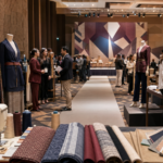 Empresarios, diseñadores y representantes de la industria del vestido participan en un encuentro de moda rodeados de prendas, textiles y maquinaria de confección.