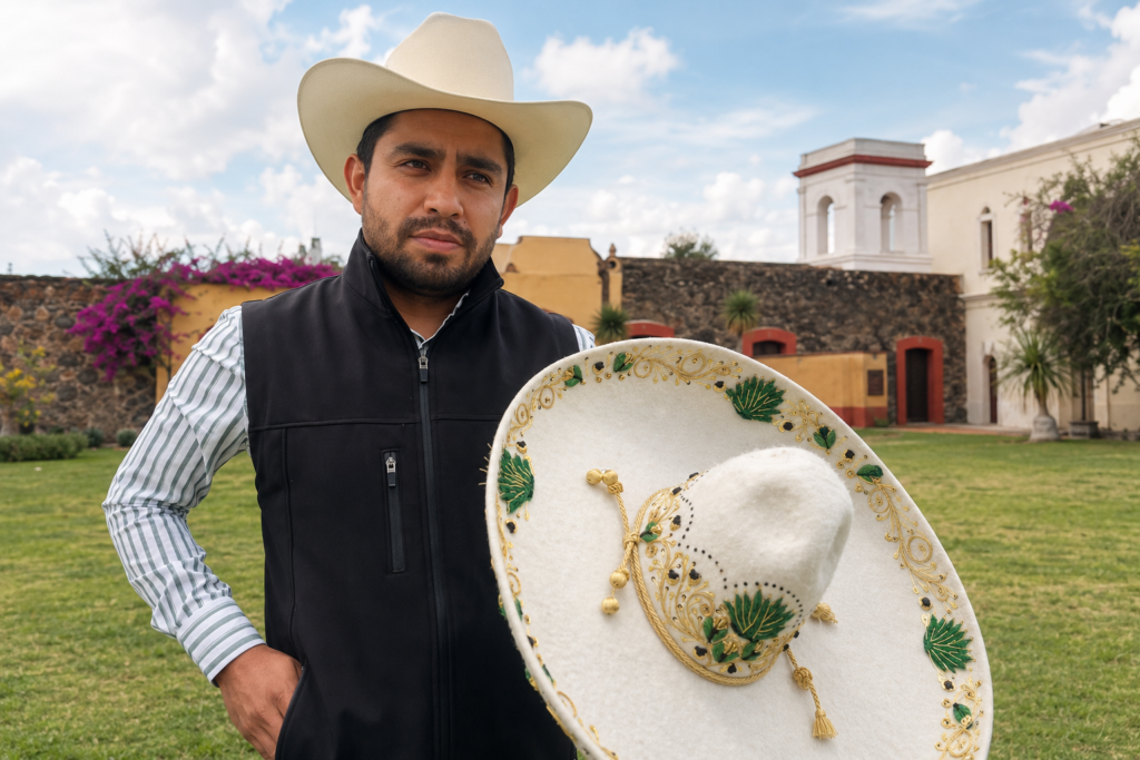 Alejandro Díaz sostiene un sombrero charro artesanal blanco con bordados verdes y dorados en una hacienda de Zempoala.