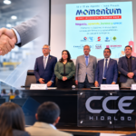 Ilustración de Momentum 2026 Expo Industrial Hidalgo que combina la presentación del evento encabezada por el Consejo Coordinador Empresarial del Estado de Hidalgo con un apretón de manos como símbolo de la vinculación empresarial, los negocios B2B y el fortalecimiento de la industria en la entidad.