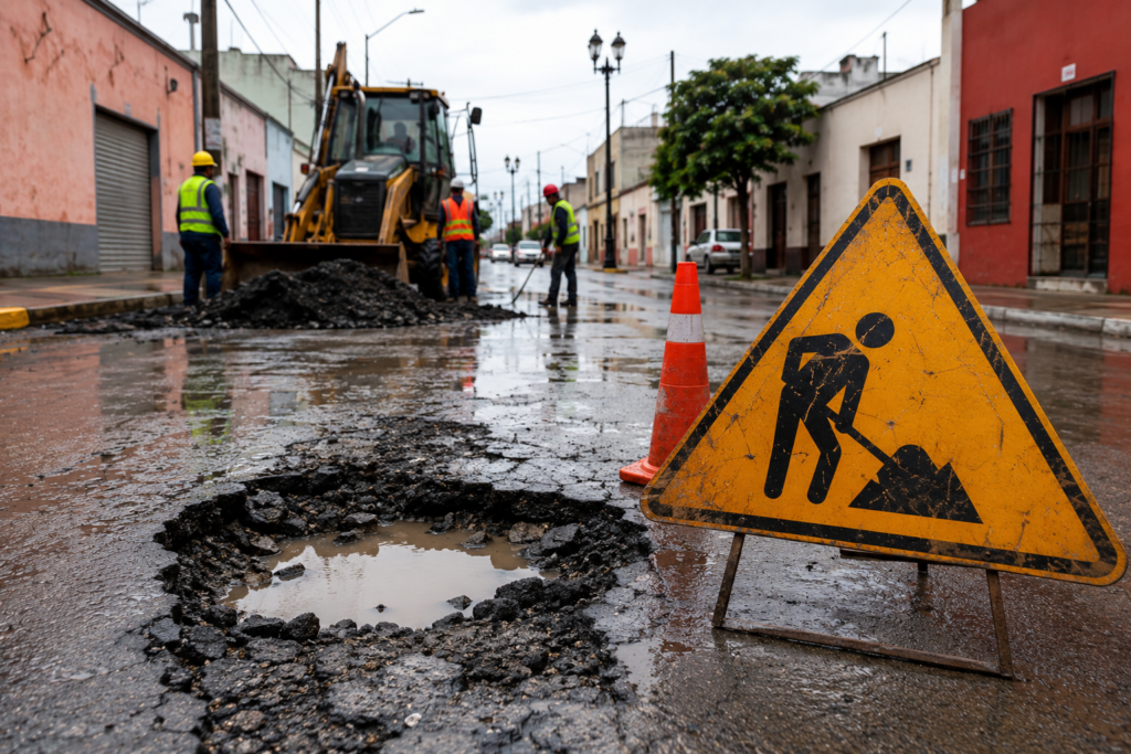 Imagen ilustrativa de una calle con baches tras las lluvias, maquinaria de construcción y señalamiento de obra, alusiva a la vigilancia de infraestructura pública y las acciones de la Contraloría de Hidalgo para corregir obras defectuosas.
